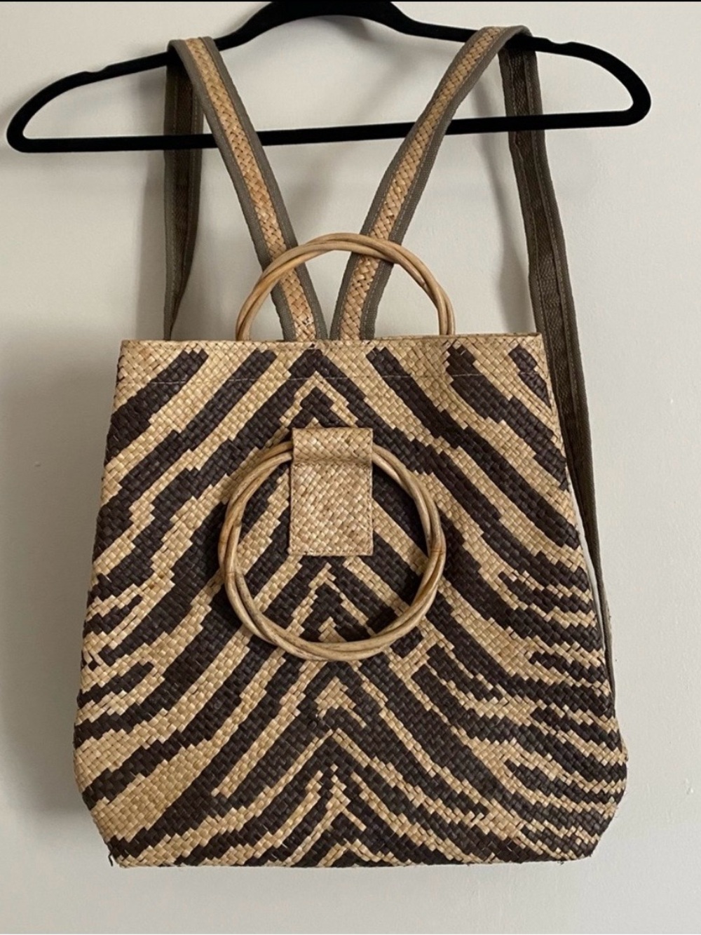 Anthropologie Zebra-Print Woven Straw Backpack in Natural and Dark Brown